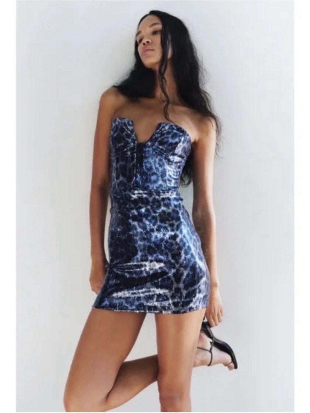 Zara Strapless Blue Leopard Print Sequin Mini Dress